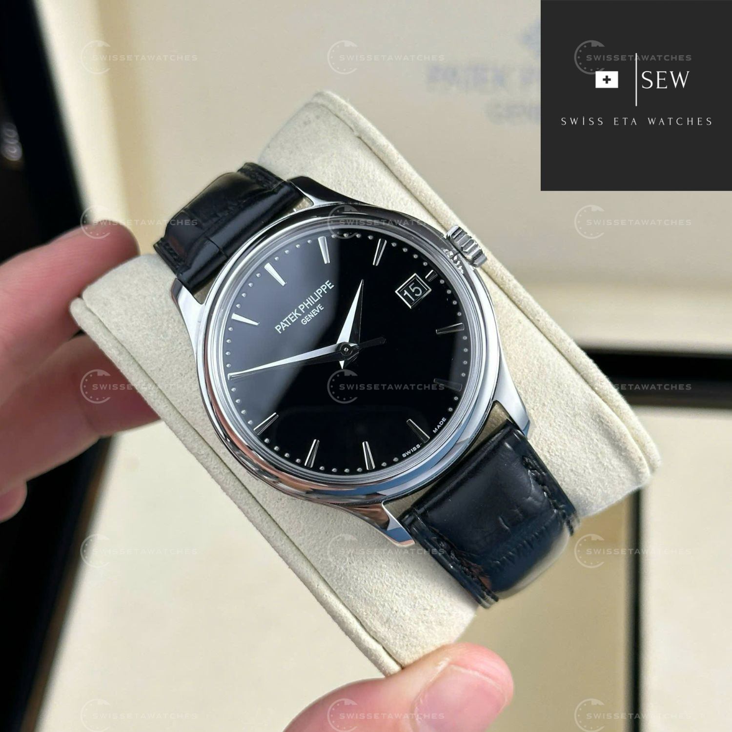 Patek Philippe Calatrava 5227G-010 - 3K Super Clone - Siyah Kadran - 39mm Beyaz Altın Kasa - Officer-Style - Otomatik Sistem (9)