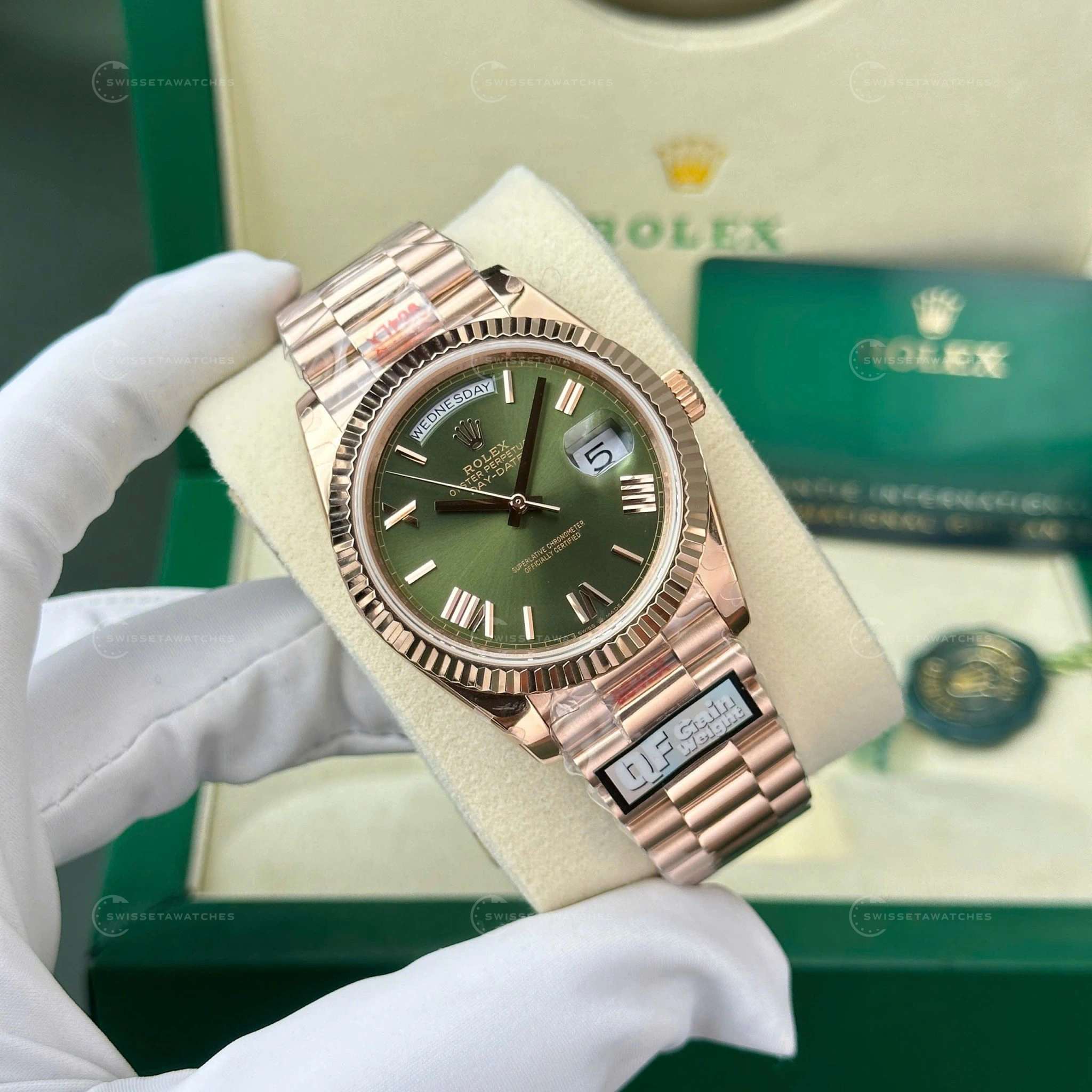Rolex Day-Date 40mm Olive Green Kadran Rose Gold Kasa QF Fabrika Super Clone ETA Saat (9)