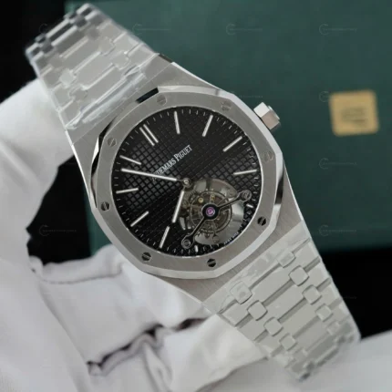 Audemars Piguet Royal Oak Tourbillon 26512ST clone saat – 41mm paslanmaz çelik kasa, siyah kadran ve aktif tourbillon mekanizma ile lüks tasarım.