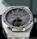 Audemars Piguet Royal Oak Tourbillon clone saat – gri kadran, aktif tourbillon mekanizma, metal örgü bilezik, 41mm şık tasarım.