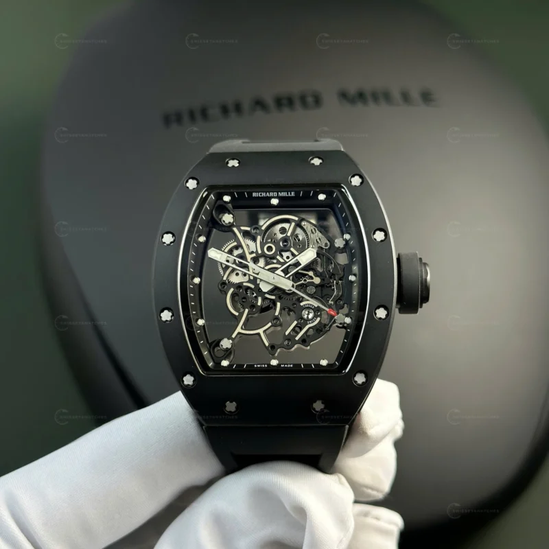 Richard Mille RM055 siyah seramik kasalı Super Clone saat – iskelet kadranlı, 42.7×49.9mm boyutlu, BBR Factory üretimi.